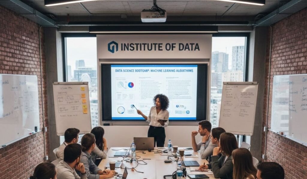 Institute of Data review showing students in a data science bootcamp session.